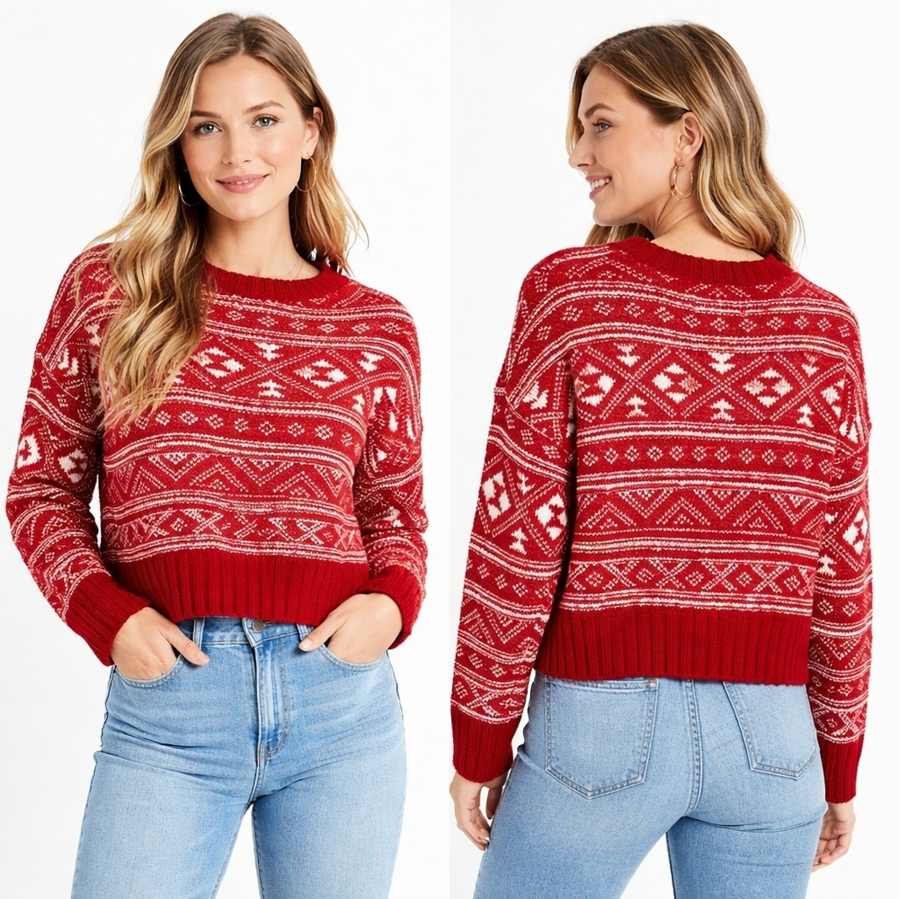 AMERICAN EAGLE Womens Sweater Small Red Fair Isle Nordic Cozy Winter
